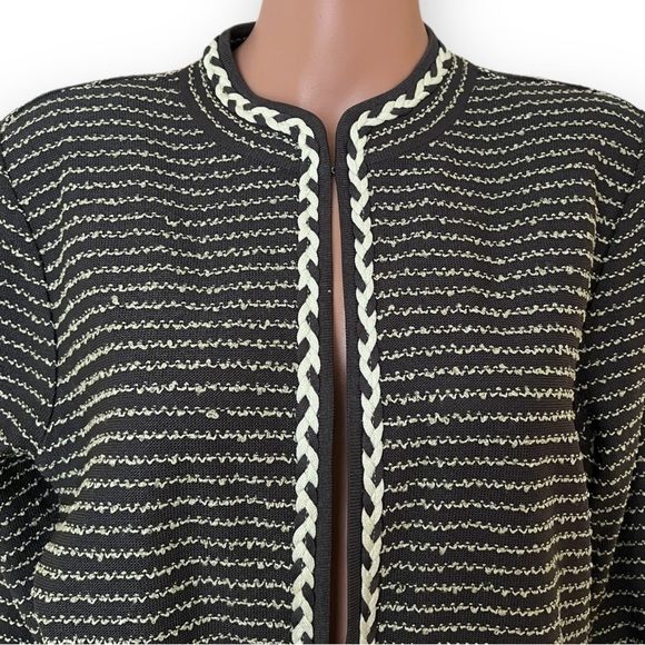 MING WANG Open Front Knit Cardigan Braided Trim Mint Green Charcoal Gray Size L - Picture 8 of 11